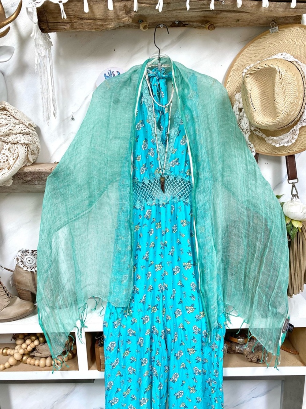 Dreamy Aqua LINEN scarf/wrap w resort vacay beach ocean vibe